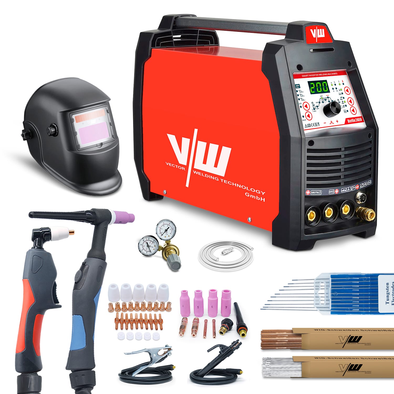 Poste de soudage SET DC TIG 200A avec découpeur plasma 50A, casque automatique, détendeur & accessoires | Berlin 2400
